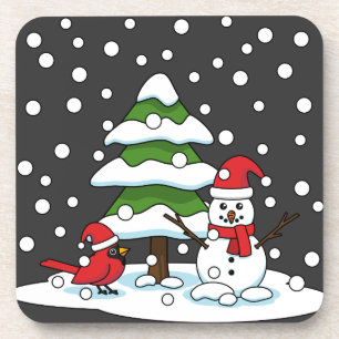 Dessous-de-verre Neige tombant sur Cardinal, Snowman et Pine Tree