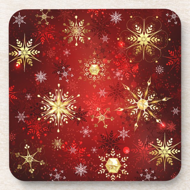 Dessous-de-verre Noël Golden Snowflakes sur Arrière - plan rouge (Devant)