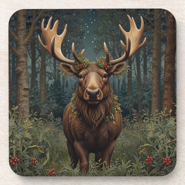 Dessous-de-verre Noël rustique élan cerf boho forêt boisée  (Devant)