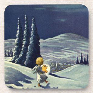 Dessous-de-verre Noël vintage, ange de neige marchant avec une étoi