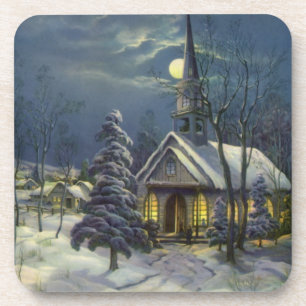 Dessous-de-verre Noël vintage, église d'hiver dans la neige avec la