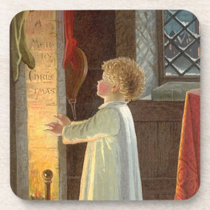 Dessous-de-verre Noël vintage, enfant se réchauffant près de la che