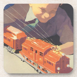 Dessous-de-verre Noël Vintage, Garçon Jouant avec des Trains Jouets