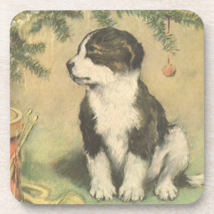 Dessous-de-verre Noël Vintage, Joli Chiot Sous Arbre De Noël
