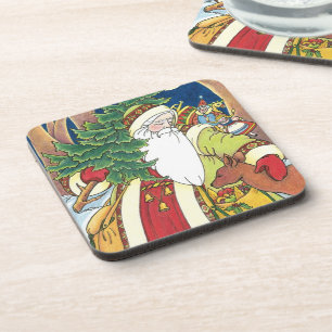 Dessous-de-verre Noël vintage, le Père Noël cerf en forêt
