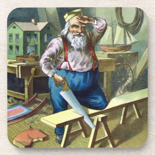 Dessous-de-verre Noël vintage, le Père Noël construisant des jouets