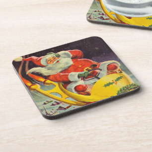 Dessous-de-verre Noël vintage, le Père Noël dans un vaisseau spatia