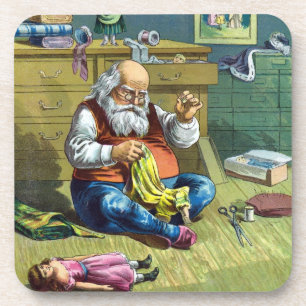 Dessous-de-verre Noël vintage, le Père Noël fabriquant des poupées