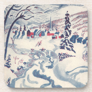 Dessous-de-verre Noël vintage, paysage hivernal de village enneigé