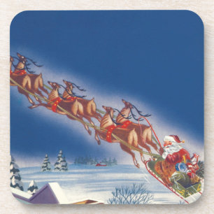 Dessous-de-verre Noël vintage, Père Noël volant avec son traîneau e