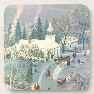 Dessous-de-verre Noël vintage, personnes allant à l'église dans la 