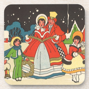 Dessous-de-verre Noël vintage, une famille chantant des chants de N