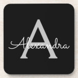 Dessous-de-verre Noir Argent moderne Script Girl Monogramme Nom<br><div class="desc">Dessous de verre en papier noir et argent simple Script Monogramme Nom. Cela fait le cadeau parfait de remise de diplômes,  anniversaire,  mariage,  douche nuptiale,  anniversaire,  baby shower ou bachelorette pour quelqu'un qui aime le luxe glam et les styles chic.</div>