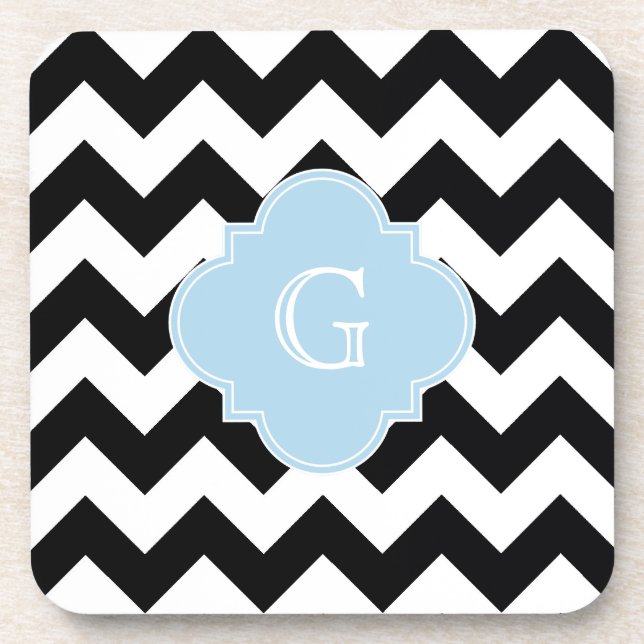 Dessous-de-verre Noir Blanc Chevron Lt Blue Quatrefoil Monogramme (Devant)