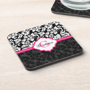 Dessous-de-verre Noir blanc et rose Vintage Damas florales