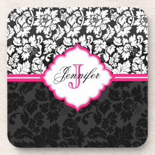 Dessous-de-verre Noir blanc et rose Vintage Damas florales
