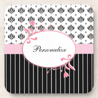 Dessous-de-verre Noir Et Blanc Damas Chic Rose Floral Avec Nom