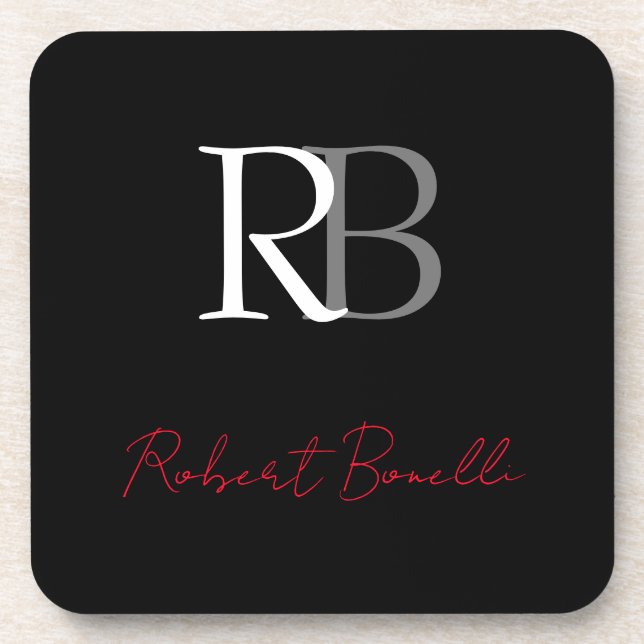 Dessous-de-verre Noir moderne Noir Monogramme Initiales Nom (Devant)