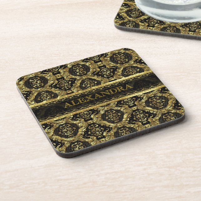 Dessous-de-verre Noir & Or Ornat Baroque Design-Monogramme (Côté gauche)