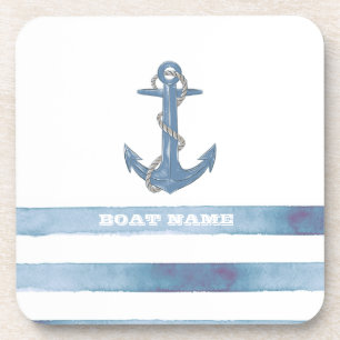 Dessous-de-verre Nom de bateau nautique,Ancre,Corde,Rayes bleu clai
