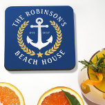 Dessous-de-verre Nom de famille Beach House Ancre Gold Laurel Marin<br><div class="desc">Un élégant ensemble nautique de casseroles de boissons à dos de liège avec votre nom de famille personnalisé et maison de plage, maison de lac, ou tout autre texte désiré et date établie. Doté d'une ancre de bateau conçue sur mesure avec des feuilles de laurier de style or et d'une...</div>