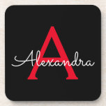 Dessous-de-verre Nom du monogramme rouge noir de la fille<br><div class="desc">Dessous de verre en papier noir et rouge simple Script Monogramme Nom. Cela fait le cadeau parfait de remise de diplômes,  anniversaire,  mariage,  douche nuptiale,  anniversaire,  baby shower ou bachelorette pour quelqu'un qui aime le luxe glam et les styles chic.</div>