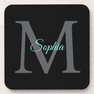 Dessous-de-verre Nom du script turquoise, Monogramme gris grand sur