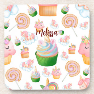 Dessous-de-verre Nom rose coloré Personnalisé Cupcake Unicorn