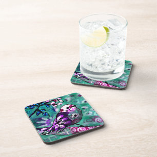 Dessous-de-verre Oiseau Abstrait blanc Floral Turquoise pourpre