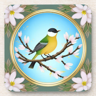 Dessous-de-verre Oiseau bleu coloré perché sur une branche en fleur