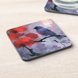 Dessous-de-verre Oiseau chanteur bleu avec fleurs rouges cerise