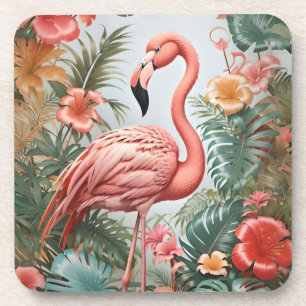 Dessous-de-verre Oiseau de Flamant rose rose élégant et fleurs trop