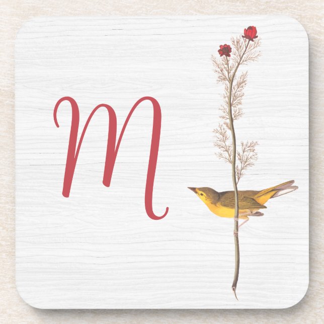 Dessous-de-verre Oiseau jaune d'Audubon sur fleur avec monogramme (Devant)