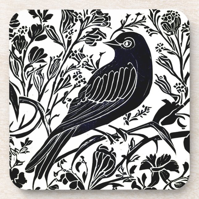 Dessous-de-verre Oiseau sur une branche avec Fleurs en noir et blan (Devant)