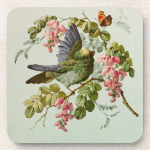 Dessous-de-verre Oiseau vert vintage et fleurs roses
