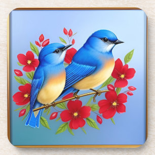 Dessous-de-verre Oiseaux bleus colorés perchés parmi les fleurs rou