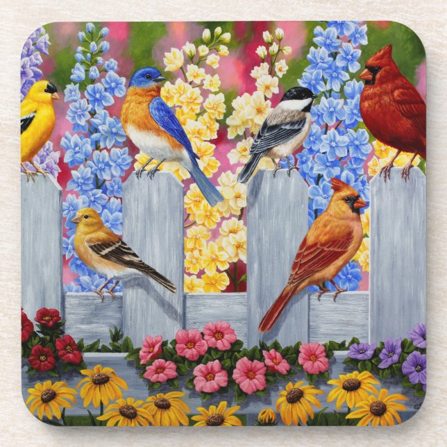 Dessous-de-verre Oiseaux de printemps colorés Jardin Fête (Devant)