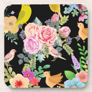 Dessous-de-verre Oiseaux et fleurs colorés et vibrants sur fond noi