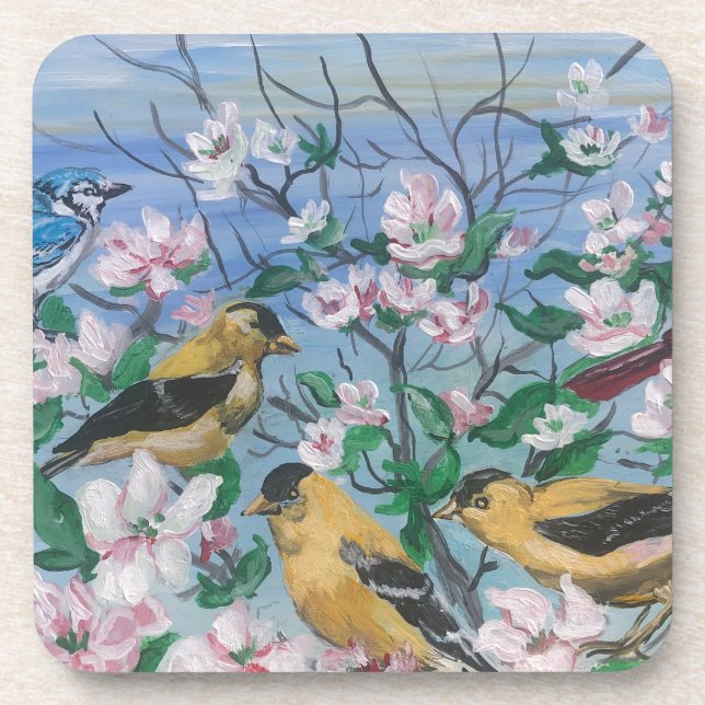 Dessous-de-verre Oiseaux fleurs de finches jaunes (Devant)