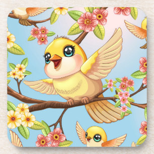 Dessous-de-verre Oiseaux mignons et heureux parmi les fleurs du pri