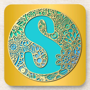 Dessous-de-verre Or et Turquoise Monogram S et Fleurs Colorées