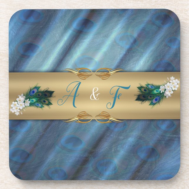 Dessous-de-verre Or, plumes de paon sur soie vert émeraude (Devant)