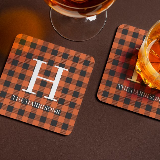 Dessous-de-verre ORANGE Écossais Noir Monogramme Fêtes (Créateur téléchargé)