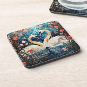 Dessous-de-verre Orange Floral Romantic Swans Vitrail