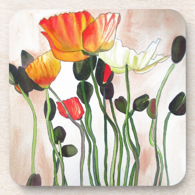 Dessous-de-verre Orange Populaires fleurs aquarelle peinture (Devant)