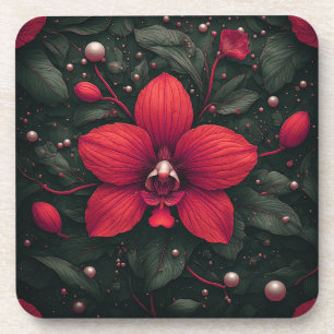 Dessous-de-verre Orchidée rouge en fleurs avec des feuilles vertes