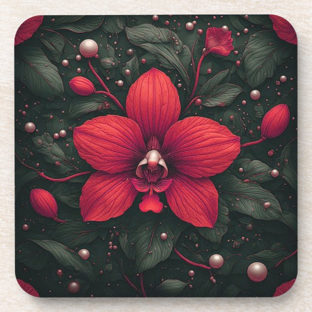 Dessous-de-verre Orchidée rouge en fleurs avec des feuilles vertes (Devant)