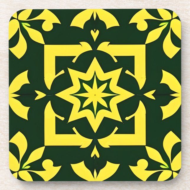 Dessous-de-verre Ornement floral jaune sur fond vert (Devant)
