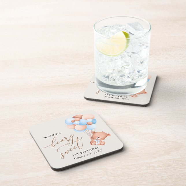 Dessous-de-verre Ours Bébé, Ballons Bleus, Premier anniversaire (Côté Droit)