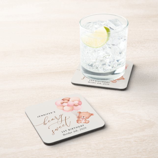 Dessous-de-verre Ours De Bébé, Ballons Roses, Premier Anniversaire (Côté Droit)